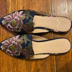 J Crew Pointed Toe slides in floral brocade